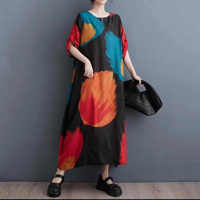 Short Sleeve Plus Size Vintage Floral New In Dresses for Women Casual Loose Long Summer Dress