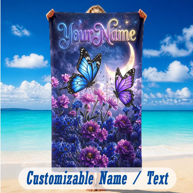 Butterfly Theme Beach Towel Personalized Custom Name & Text Soft Quick Dry Beach Towel for Swimming Travel