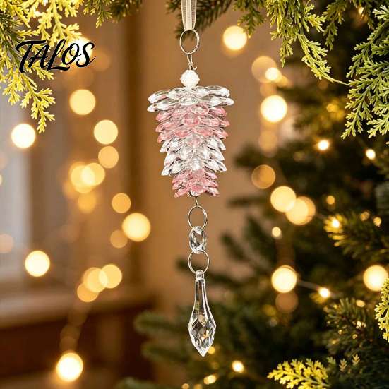 Elegant Hanging Xmas Tree Baubles Acrylic Pine Cone Pendant with Faux Crystal Drop, Christmas Winter Wonderland Party Supplies Ornaments, Transparent