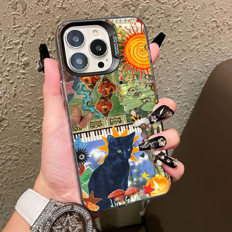 New Cute Black Cat Graphic Montage Laser Phone Case For iPhone 17 15 16 Pro Max Plus 14 13 12 Mini 11 Pro Max Shockproof Cover