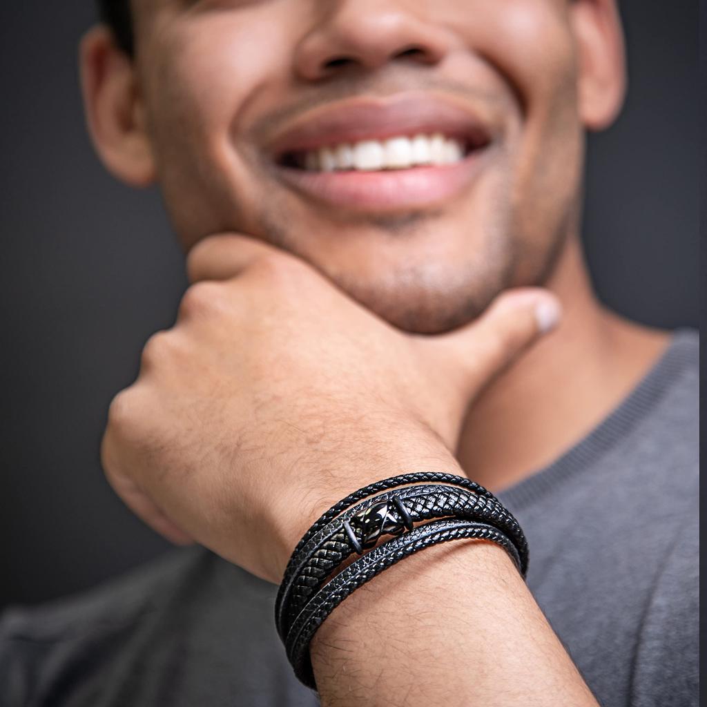 Bracelet 20cm Black Gold PU Leather Bangle Arm Jewelry Braided Wrap [SERASAR] Men's Men's