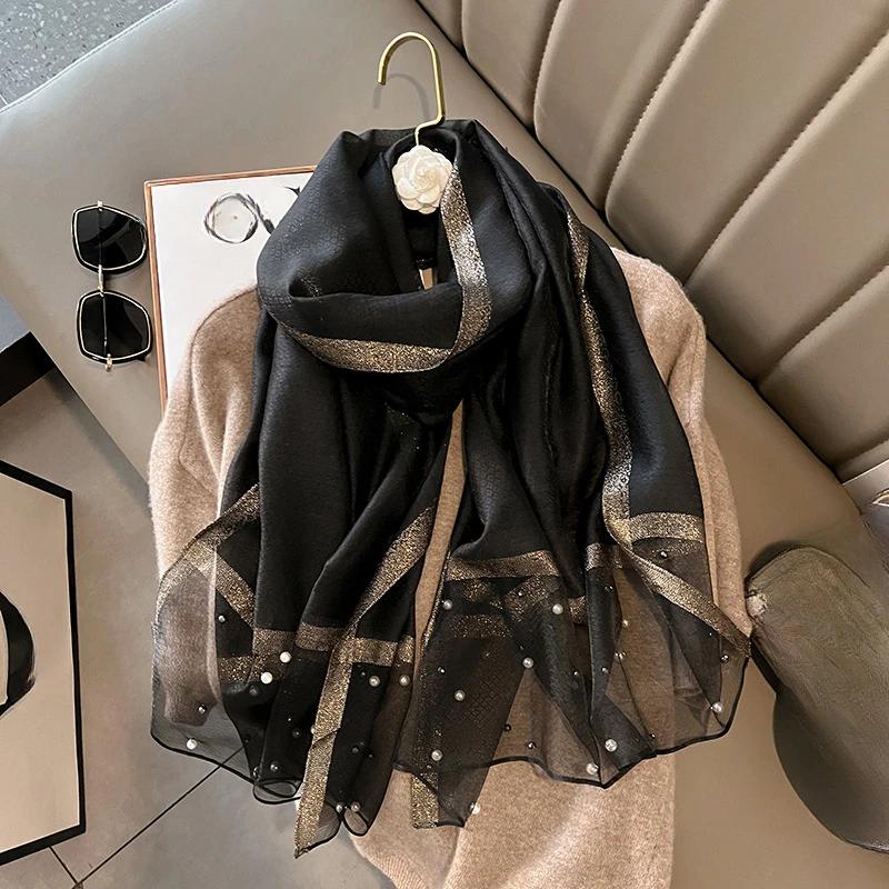 

2024 Luxury Brand Women Fashion Scarf Plain Solid Silk Linen Shawls Summer Lady Bandanas Foulard Hijab One Size