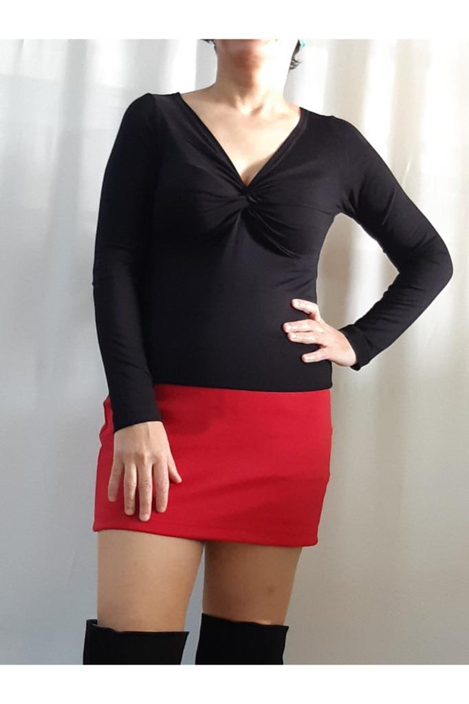 Women's Style Big Size T-Shirt Twist Front Long Sleeve Black T-Shirt