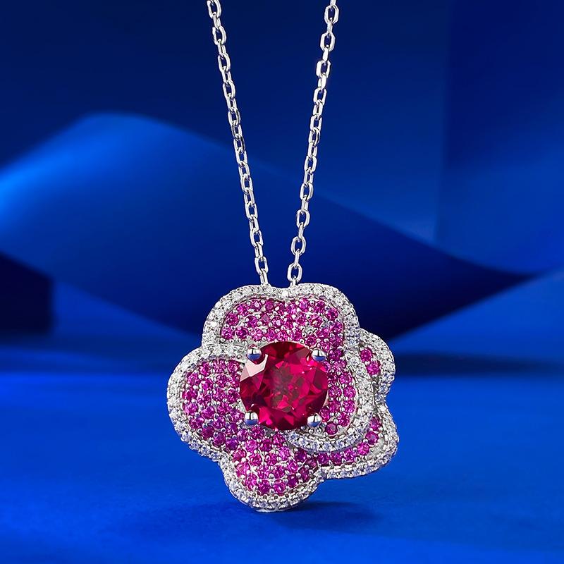 S925 Silver New Blood Red Flower Necklace for Women Rose Petals Fashion Versatile Pendant Jewelry