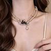 Vintage Diamond Butterfly Pendant Necklace, Double Layer Pearl Chain, Light Luxury Niche Exquisite High-End Women Collarbone Necklace
