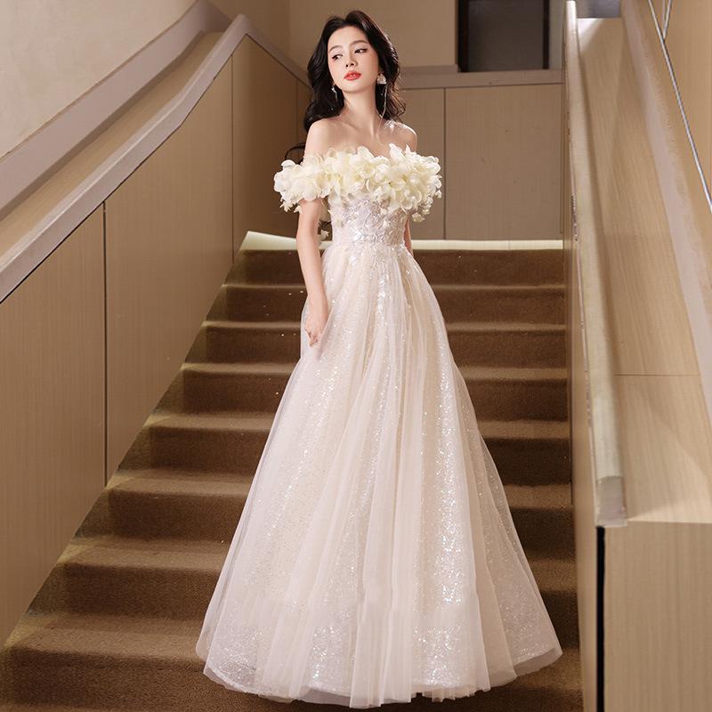 One-word shoulder champagne evening dress women's 1011 new high-end birthday party bar mitzvah graduation performance host