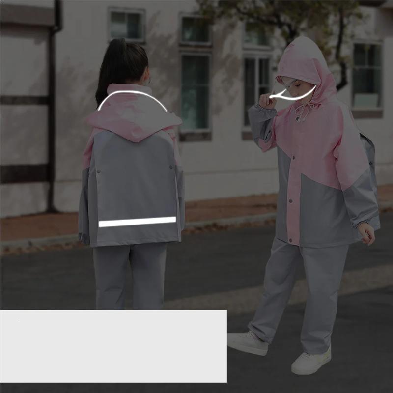 Kids Waterproof Suit Hooded Raincoat Jacket Trousers Set Puddle Suit Zip Boys Girls