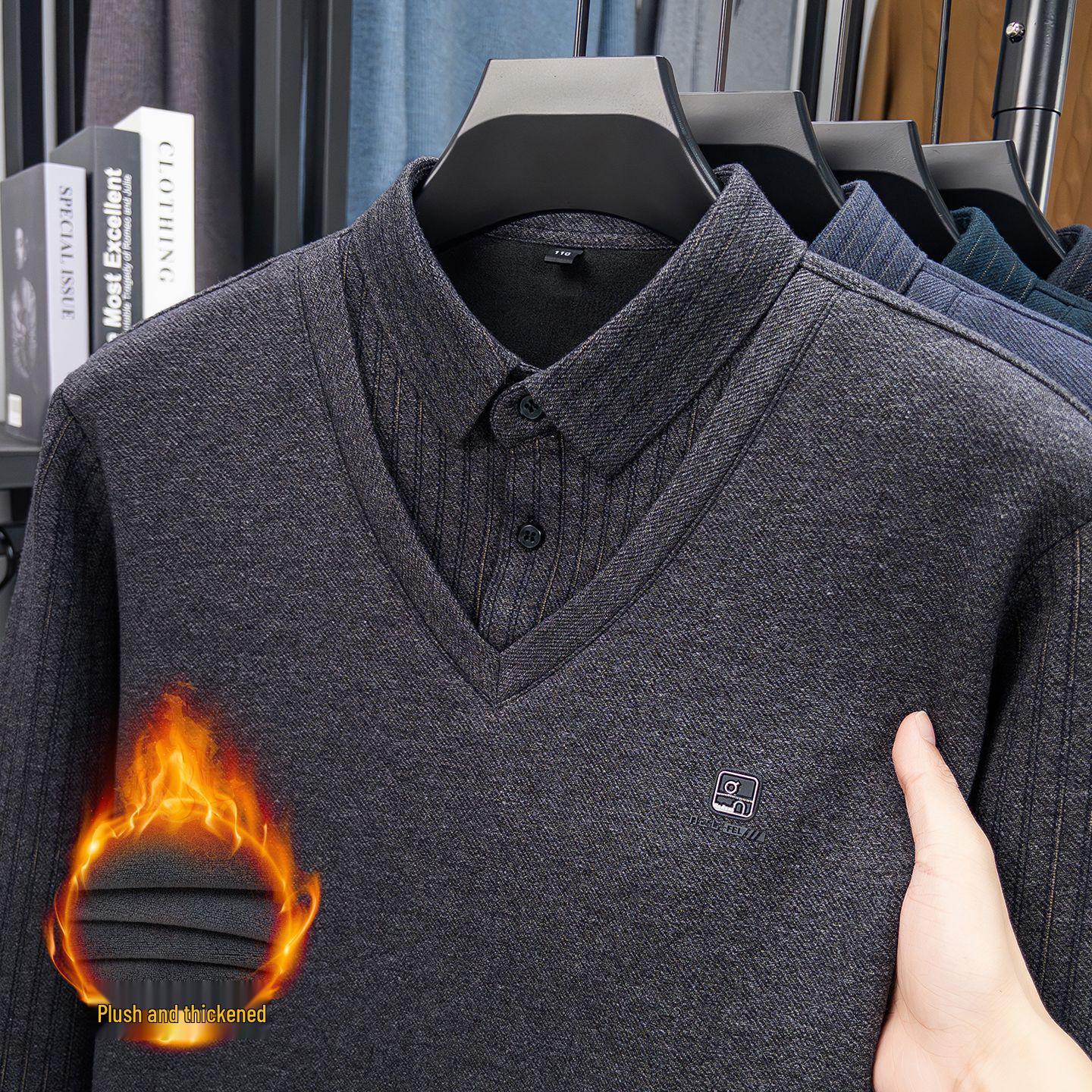 2025 Winter Men s Velvet Lapel Warm Dad Sweater - Fake Two-Piece Design 3XL серый