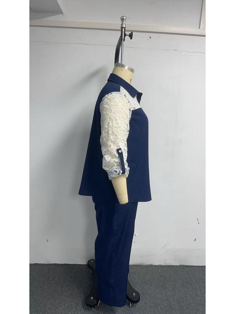 2025 Plus Size Lace Patchwork Two-Piece: Long Sleeve Shirt & Wide-Leg Pants Set
