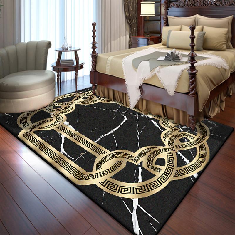 Black Golden Bedroom Bedside Rug Luxury Large Area Living Room Decoration Carpets Foldable Non-slip Soft Floor Mat Gaming Room