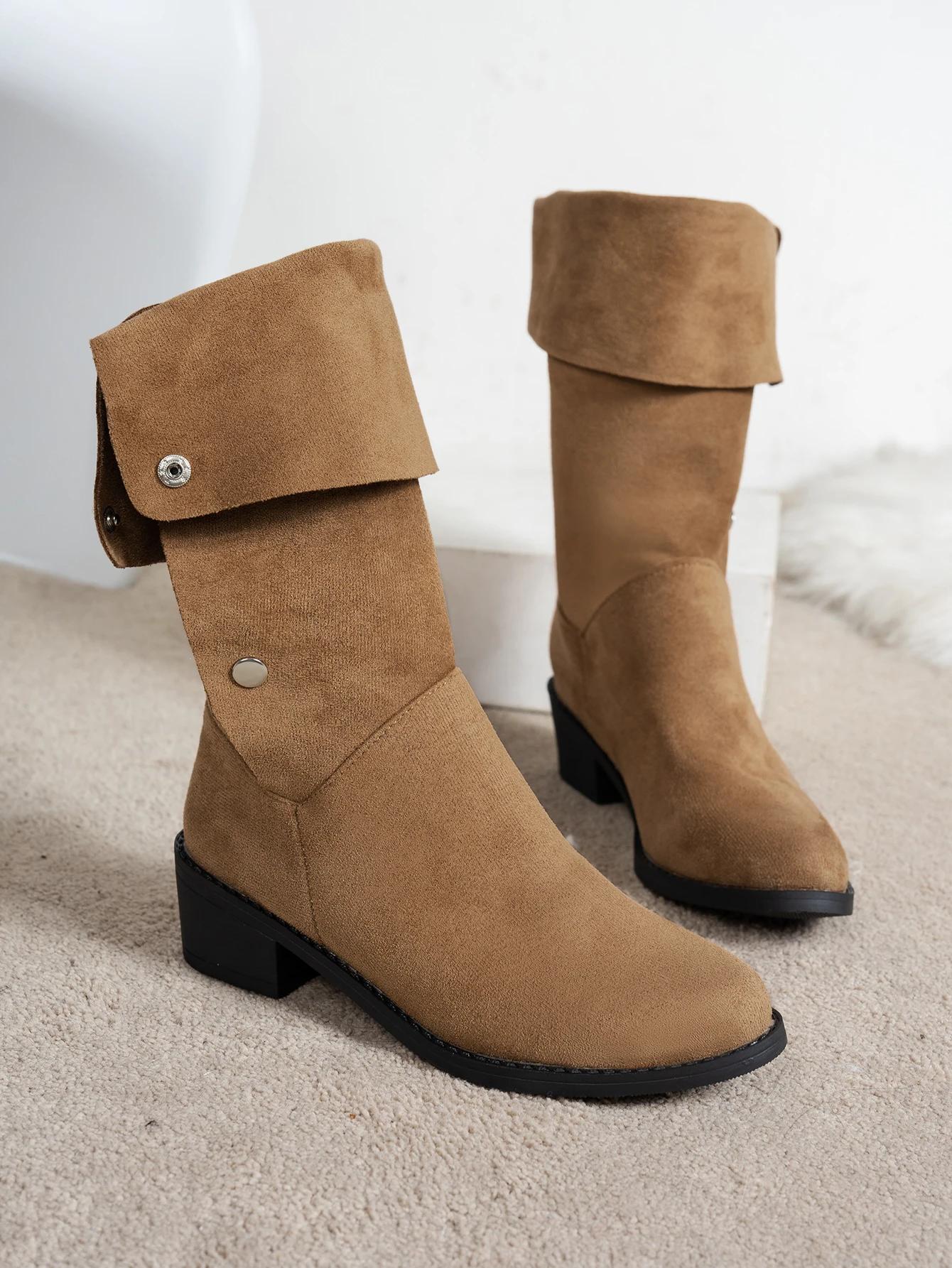 

Винтажные ковбойские сапоги с острым носком на пуговицах, женские осенние сапоги с квадратным носком и толстым каблуком, высокие сапоги из замши и ткани, длинные 36