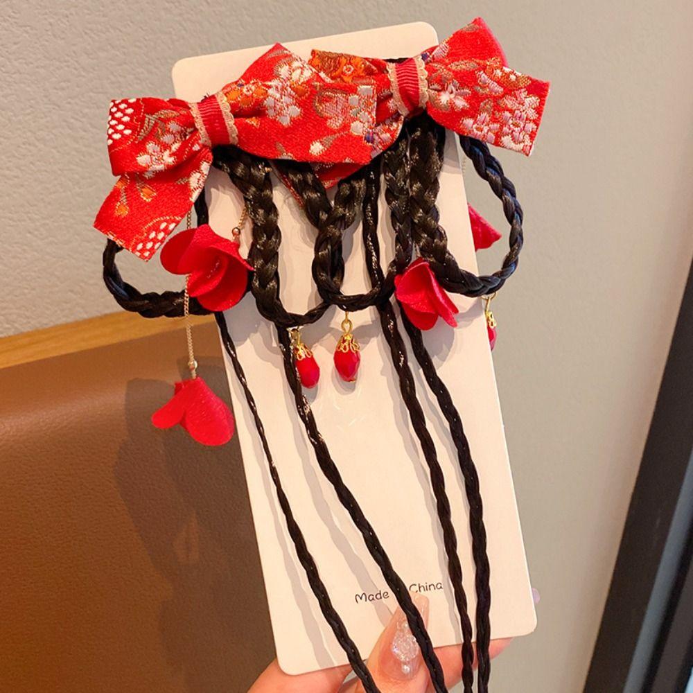 Tassel Children Wig Hairpin Flower Red Bow Hairpin Lovely Chinese New Year Headwear  Baby