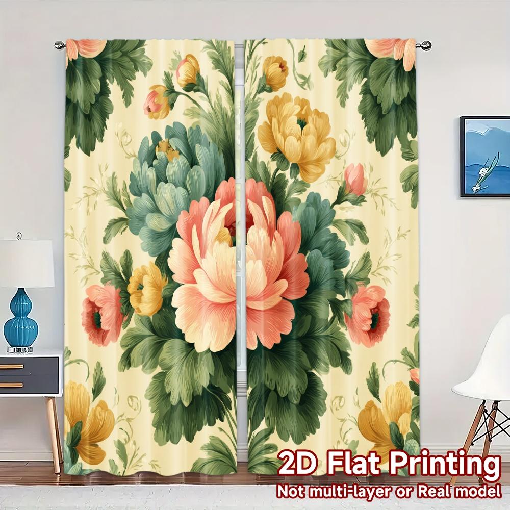 

Flat Printing Curtains Without Rod Floral Motif Design New Year Festival Popular Drapes Yarn Art Curtain Set Of 2 Made Polyester Washable W100*H70(CM)-Grommet top&2PCS
