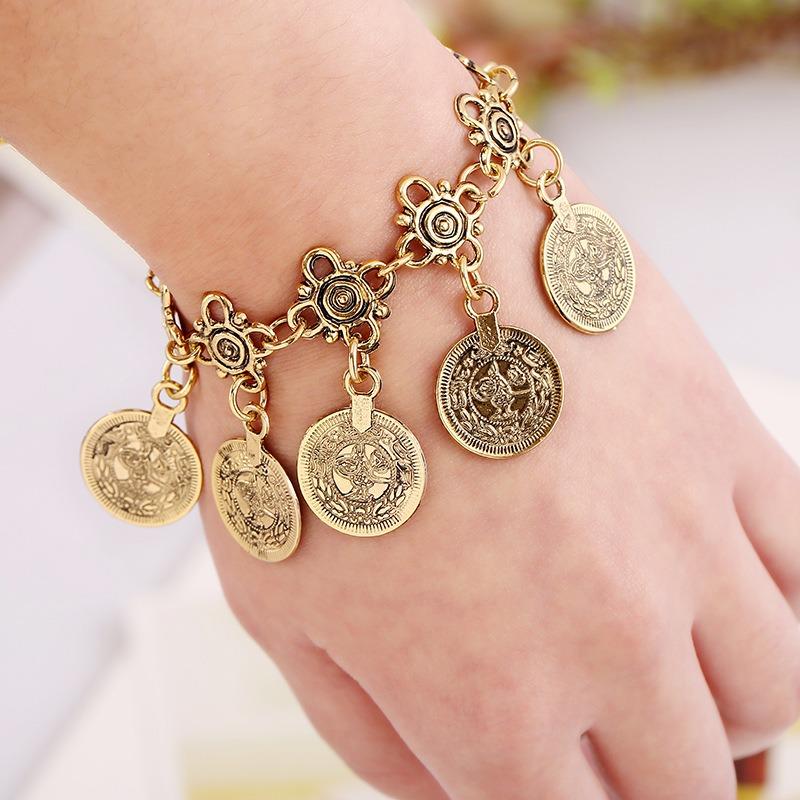 Vintage Gravierte Münze Bib Statement Halskette Boho Gold Kupfer Plattiert Münzen Armband Quaste Schick Strass Zirkon Set für Frauen
