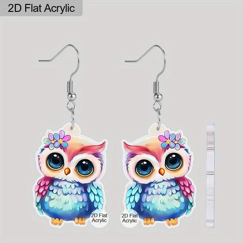 2D Flat Cute Acrylic Owl Earrings - Dangle Cartoon Owl Jewelry for Women Lovers Gifts