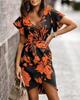 Dame V-hals Kort ermet Knyte midje Blomstermønstret Casual Sommerkjole med Asymmetrisk fald