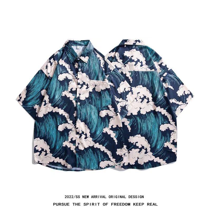 Kurzarmhemd Herren Sommer Dünn Ruoshuai Hawaiianisch Hongkong-Stil Ins Japanischer Stil Retro Überdruckhemd Eisseide