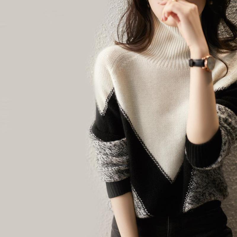 Herbst und Winter Rollkragenpullover Basis Damenpullover Neue Farbabstimmung Lockere Freizeitoberbekleidung Strickpullover Langarmshirts Kleidung 1982