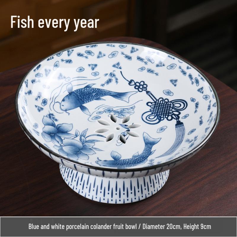 Blue & White Porcelain High-Footed Fruit Bowl for Tea Room or Coffee Table