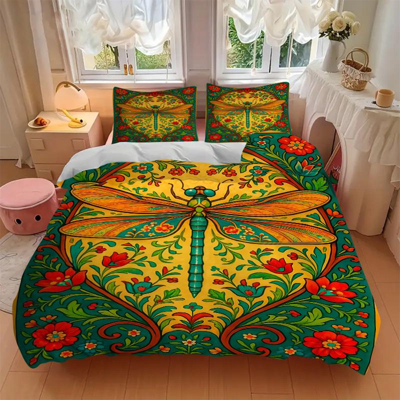 3PCs Dragonfly, Floral Pattern Design Cover Set, Breathable Fabric, Machine Washable (1 Duvet Cover + 2 Pillowcases) (Without Quilt) yy250911177