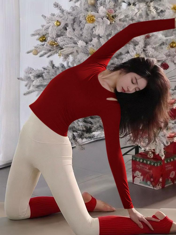 Women's Red Yoga Suit Set 2025: Stylish Long Sleeve Top for Pilates, Outdoor Wear, & New Year Celebrations.
