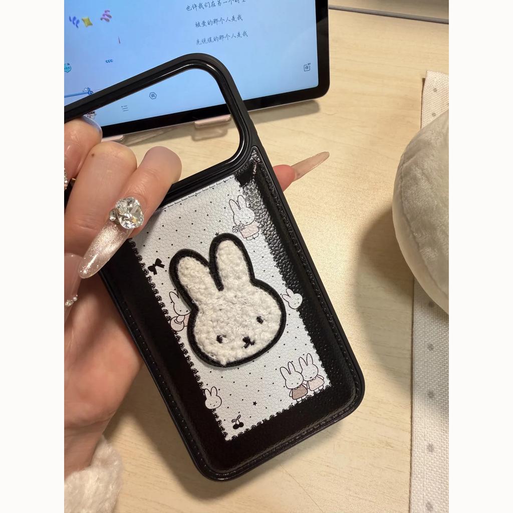 Cute polka dot embroidery Miffy Rabbit is suitable for Apple 16/17promax mobile phone case IP15 bulging bag leather pattern 14Pro