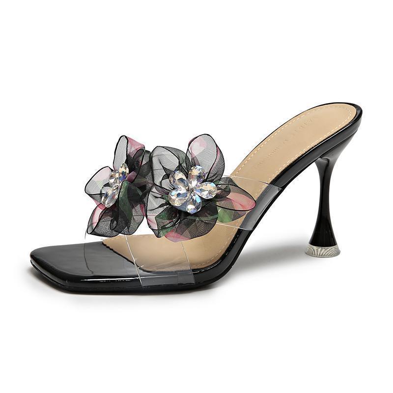One-word High-heeled Sandals 2025 New Summer Versatile Stiletto Transparent Square Head Open-toed Slippers Women's Shoes