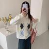 Retro literary and artistic contrasting color diamond lapel knitted cardigan top women's loose lazy wind age-reducing sweater jacket
