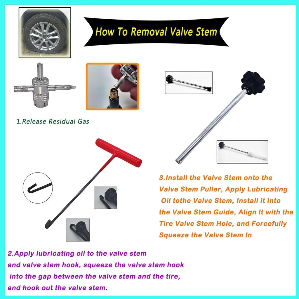Tire Valve Stem Removal Tallation Tool Kit,Tire Valve Core Removal Replacement Tool Kit,TR413 Valves With Valve Core And Valve Core Disassemble