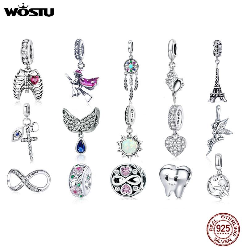 WOSTU 925 Silver Animal Cat Charm Pendant Heart Family Ladybug Bee Beads Fit Original Bracelet DIY Jewelry For Women