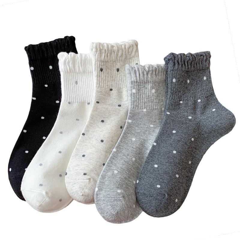 25 New Women's Mid-Calf Wood Ear Edge Polka Dot Lace Socks, Japanese Ballet Style Autumn Trend