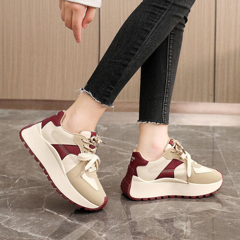New Summer and Autumn Thick-soled Women's Shoes Height-enhancing Casual Splicing Leather Sports Shoes, Student Trend