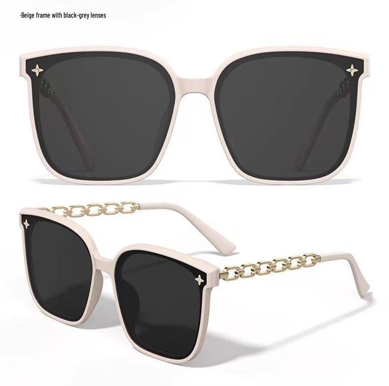 Women's High-End Large Square Frame Sunglasses with UV Protection and Stylish Chain Design