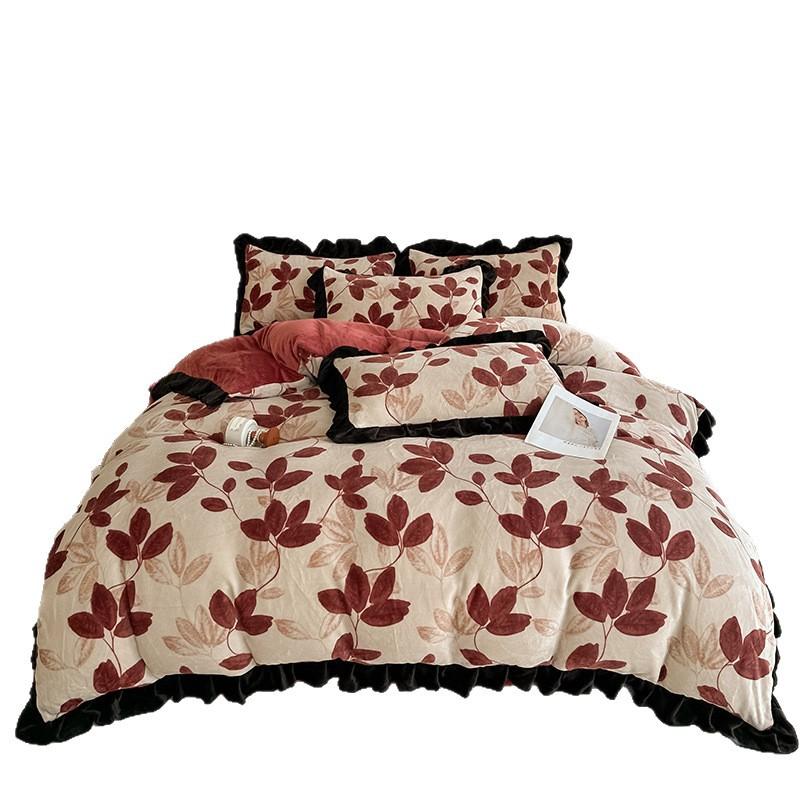 Four-Piece Set Of Thickened Milk Fleece On The Bed, High-Grade Warm Bed Sheet Quilt Cover, Coral Fleece Quilt Cover
