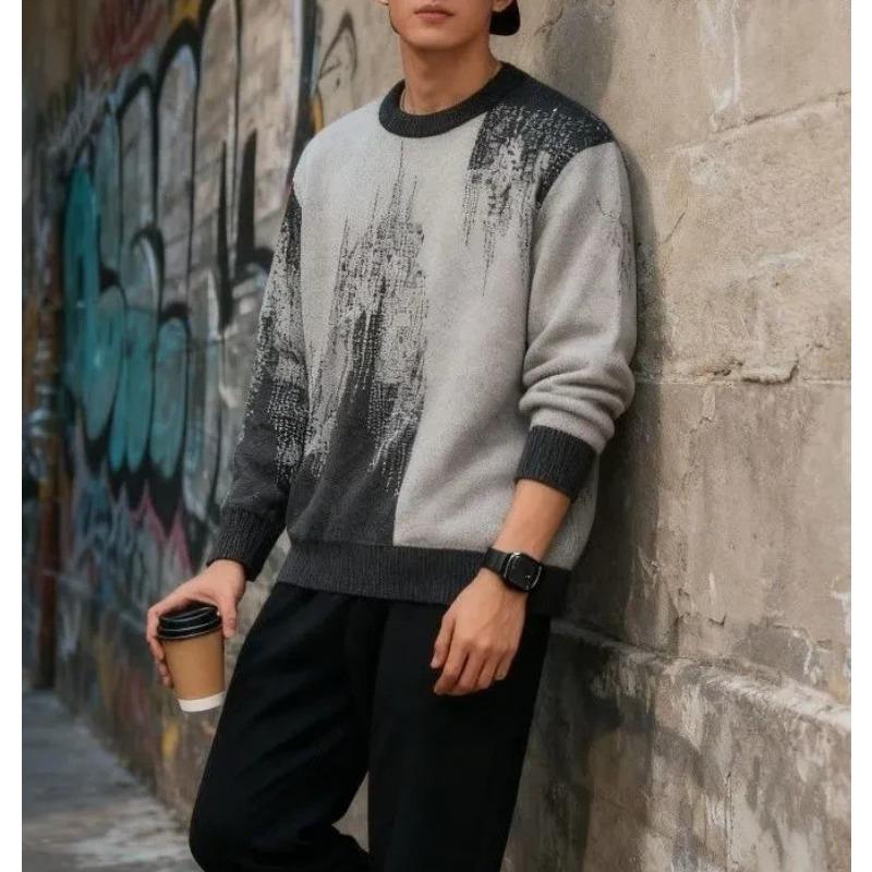 

Loose American Crew Neck Autumn Winter New Style Pullover Comfortable Handsome Lazy Sweater Color Block Jacquard Knit Top L серый