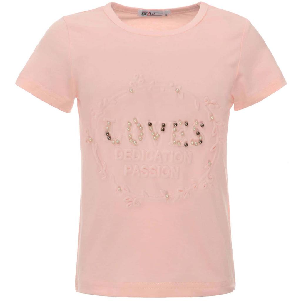 Girls Summer T-shirt with Faux Pearls and Print Motifs