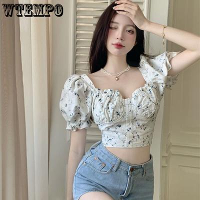 Brand Low Collar Short Bubble Sleeve Shirt Women's Summer Design Sense of Fashion Niche Floral Square Neck Slim Fit Tops