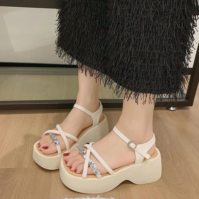Fashion Sandals with Heels Cross Shoes 2024 Women's Shoes Cross Shoes Open Toe Medium Thick New Style Girls Summer Rhinestones