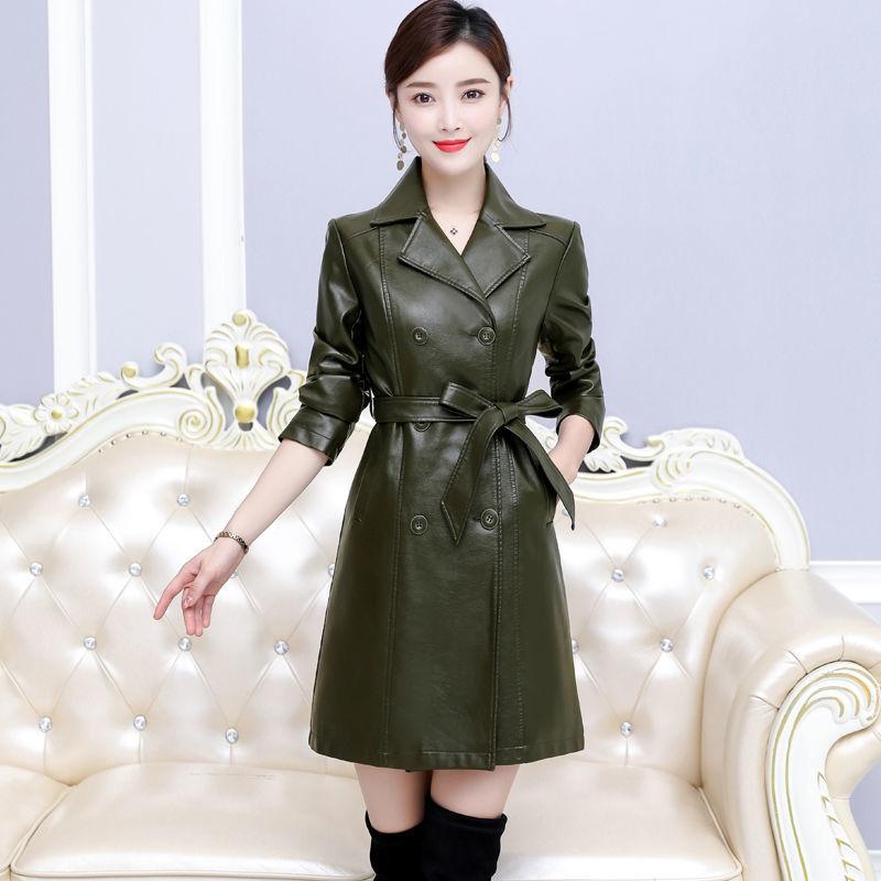 Leather Women's Mid-length Korean Slim Large Size Thicken Leather Windbreaker Jacket Women's Autumn/Winter Jacket