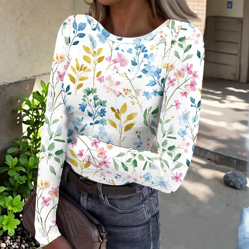 Women's Casual Ribbed Long Sleeve Top Floral Print Crew Neck Stretchy Slim Fit Lightweight Shirt for Everyday Wear