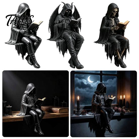 Sitting Skeleton Bookend Ornament, Matte Black Dark Hooded Figure for Bookshelf Desktop Study Room, Industrial Style Home Decor