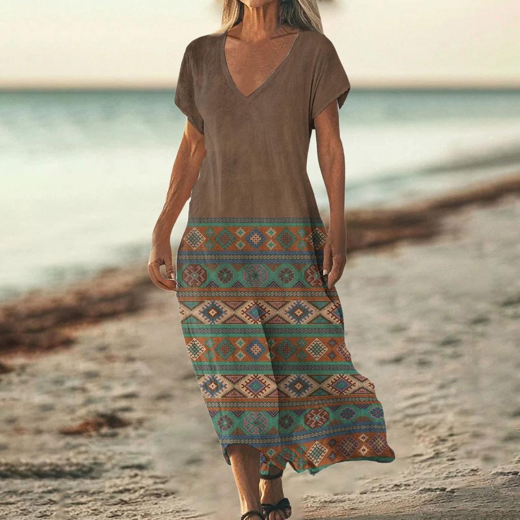 Fashion Women's Summer V-neck Short Sleeve Cotton And Linen Vintage Floral Print Beach Dress