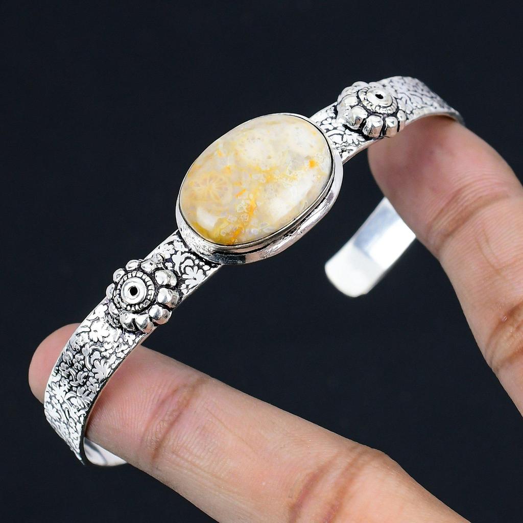Natural Fossil Coral Gemstone 925 Sterling Silver Bangle Adjustable For Girls