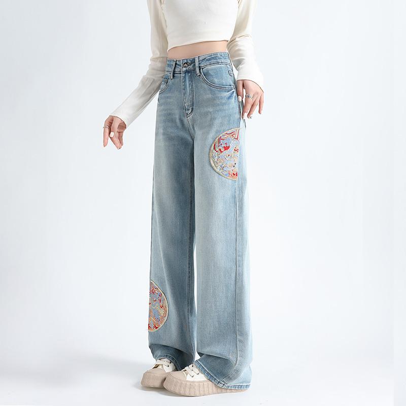 2025 Spring/Autumn Women's High-Waisted Embroidered Wide-Leg Denim Pants