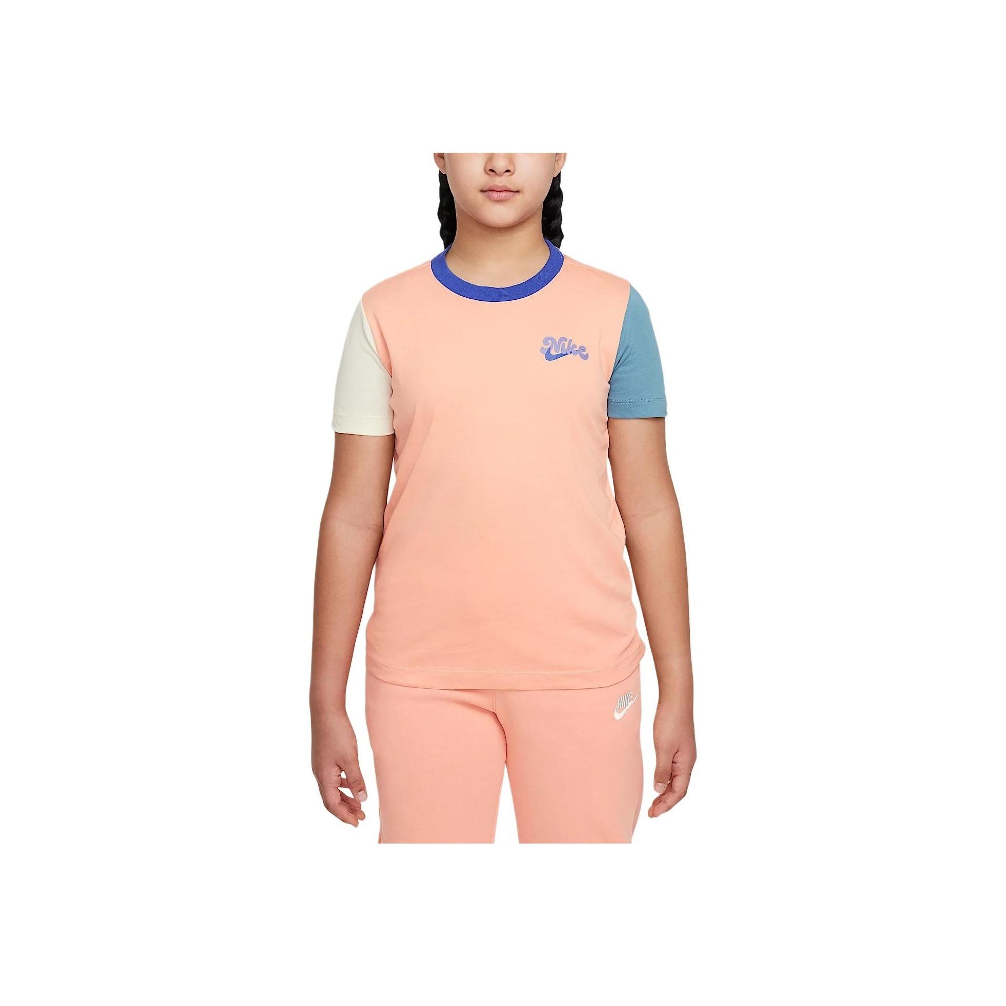 

Nike Sportswear T-Shirt Logo Letter Crew Neck Cotton Short Sleeve Kids Tops Light-Yellow Pink HQ3244-844 S