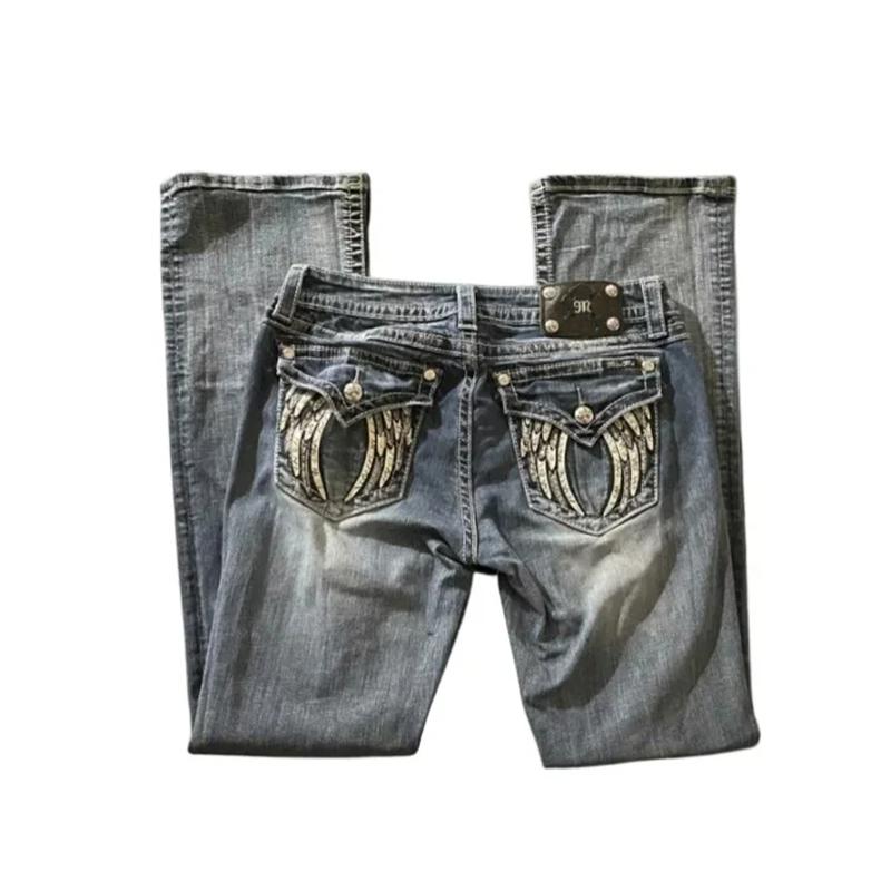 FlowStreet Jeans Vintage Anni '90 Donna Y2K Nuovi Jeans Blu Tasca Ala Ricamata Hip Hop Harajuku Gotico Pantaloni Larghi Streetwear Pantaloni Donna