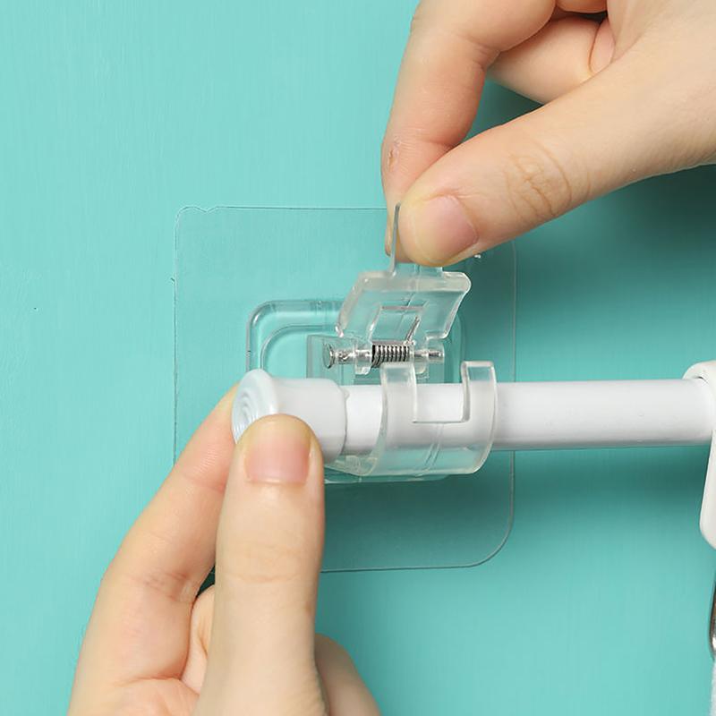2Pcs Adhesive Wall Curtain Rod Holder Nail-Free Adjustable Clamp Hooks With Fixed Clip Hanging Rack