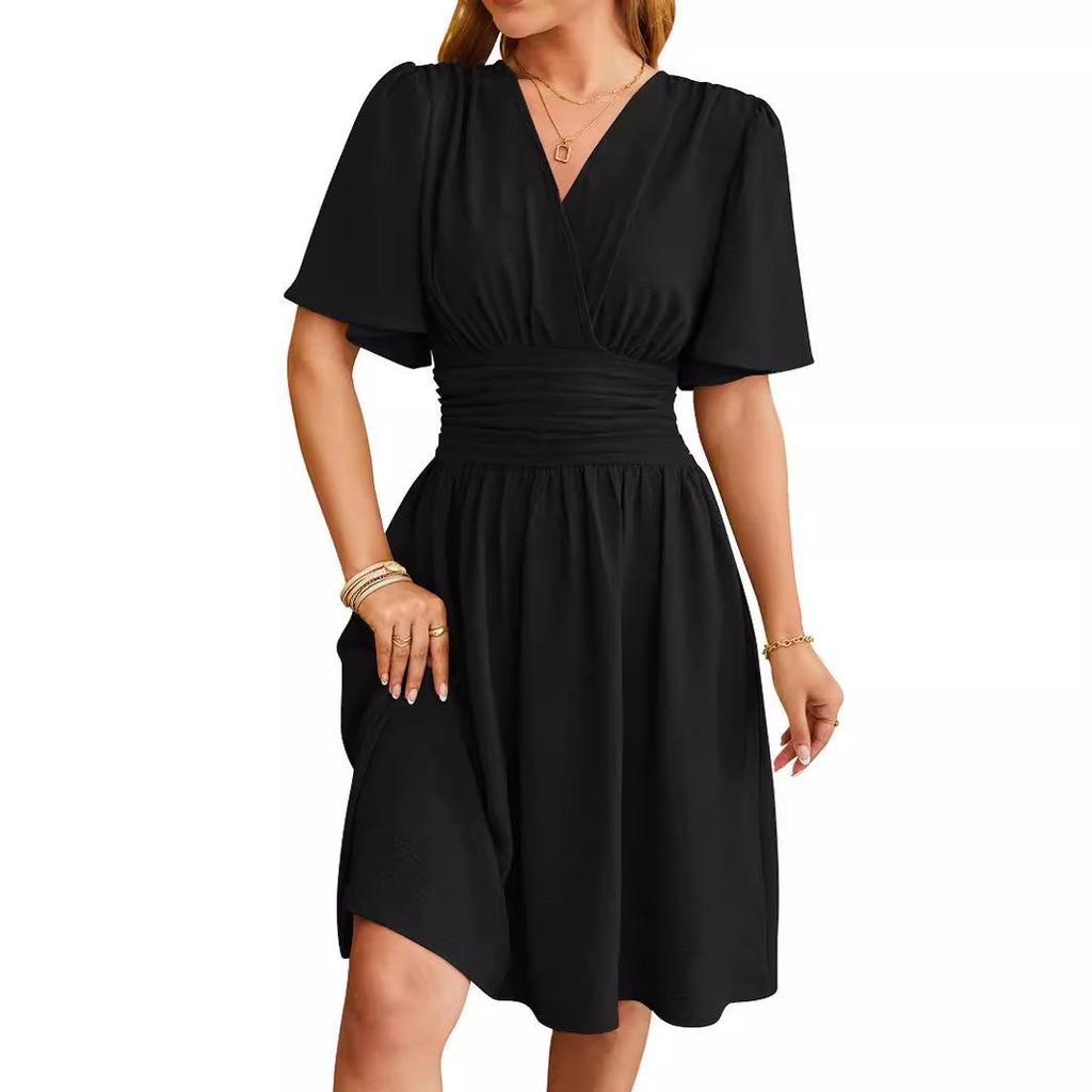 2024 Spring/Summer Women's V-Neck Waist-Cinching Flared Sleeve Dress