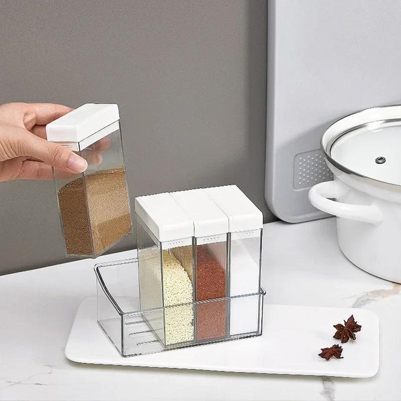 Kitchen Transparent Seasoning Box 4-compartment Salt Sugar Spice Jar Condiment Powder Dispenser Container Kitchen Supplies