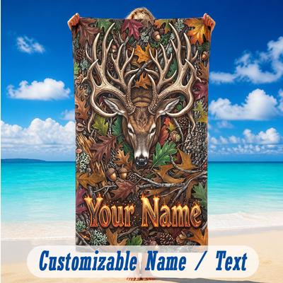 Deer Theme Beach Towel Personalized Custom Name & Text Soft Quick Dry Beach Towel for Swimming Travel